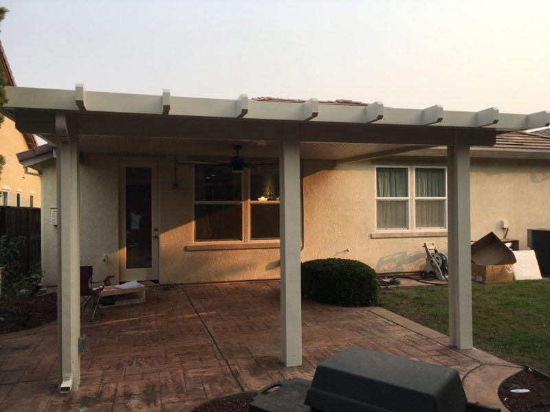 17x17 wall attached flatwood patio cover with diamond end caps. Trim: California Sand - Rocklin, CA