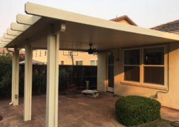 17x17 wall attached flatwood patio cover with diamond end caps. Trim: California Sand - Rocklin, CA