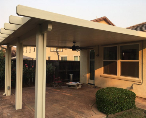 17x17 wall attached flatwood patio cover with diamond end caps. Trim: California Sand - Rocklin, CA