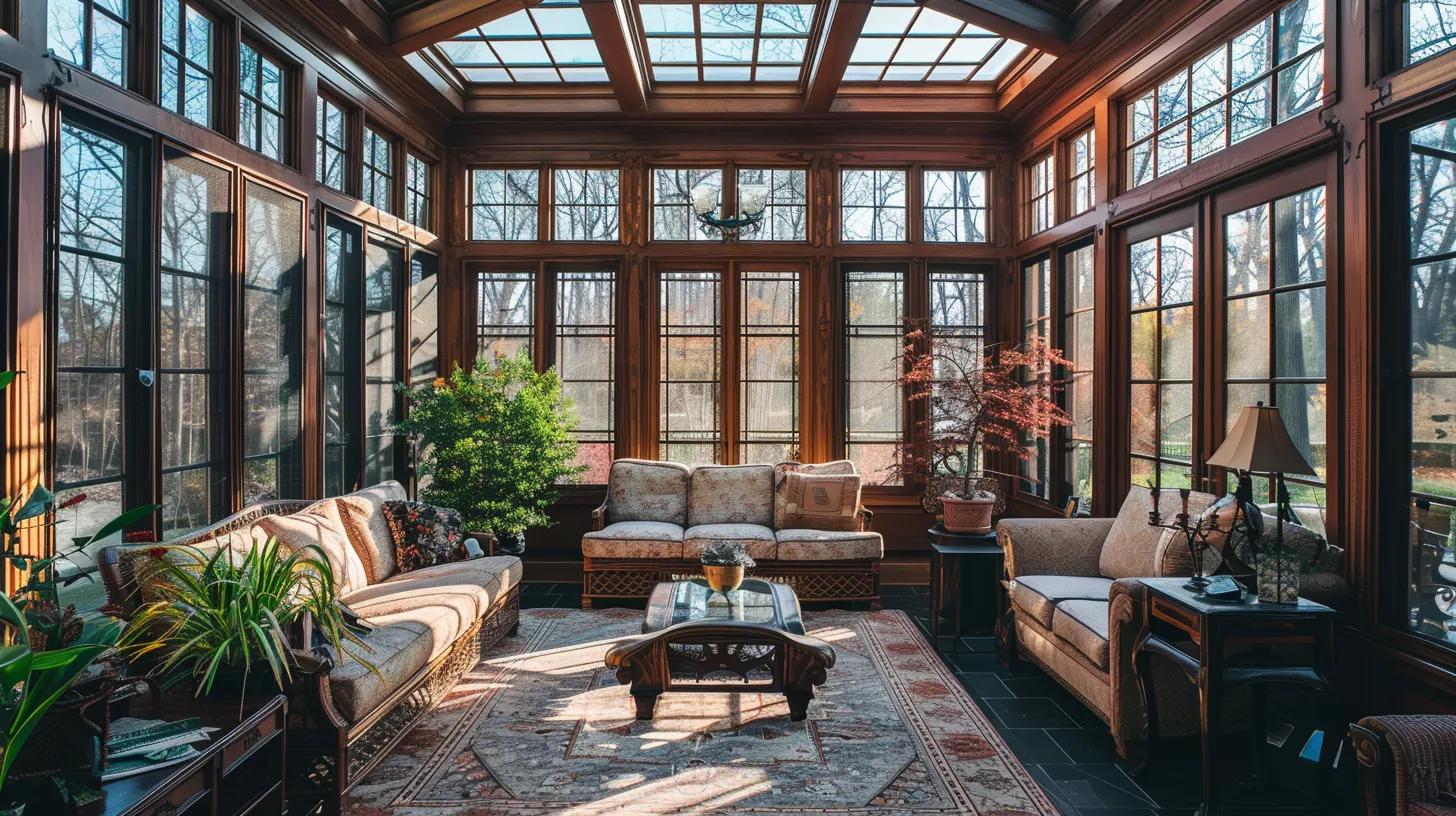 Sunroom interior with floor-to-ceiling windows, wooden beams, cozy seating, and plants, showcasing a bright and inviting space for relaxation and entertainment.