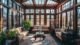 Sunroom interior featuring wooden framing, large windows, comfortable seating, and decorative plants, showcasing custom design by Petkus Brothers for home enhancement.