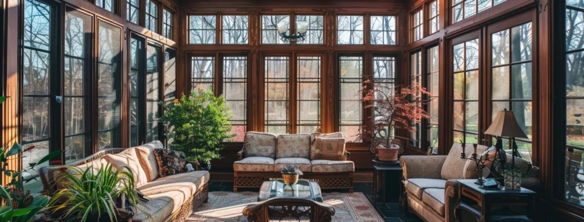 Sunroom interior featuring large windows, comfortable seating, and plants, showcasing a bright and inviting space for relaxation and entertainment.