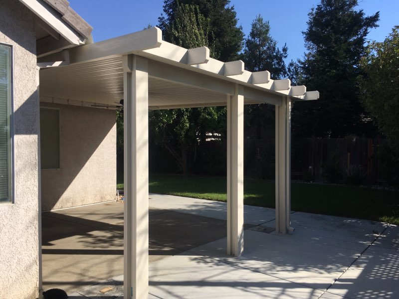 16'5x15' attached, fascia mounted Durawood, flatwood patio cover with diamond end caps. Color: California Sand - Sacramento, CA