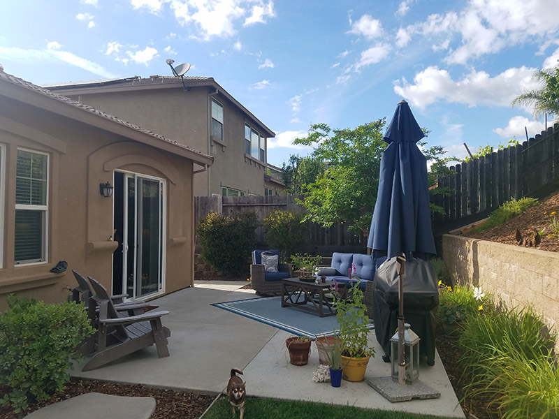 19'x19' total, 17'x19' solid + 2'x19' lattice wall attached Flatwood patio cover with corbel end caps Color: California sand, trim: Southwood Electrical: 1 fan, 1 outlet - Folsom, CA