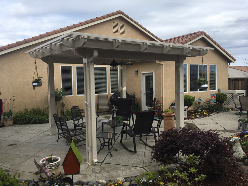 12x12 solid flatwood patio cover w/lattice, 14x14 overall with Corbel end caps. Color: California sand - Sacramento, CA