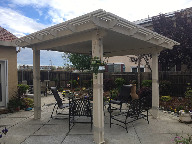 12x12 solid flatwood patio cover w/lattice, 14x14 overall with Corbel end caps. Color: California sand - Sacramento, CA