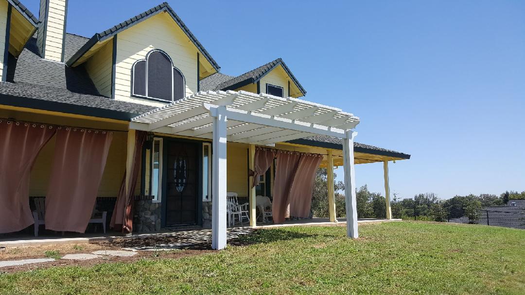 8 1/2 x 35, 12x14 Durawood lattice 2"x3, wall, roof mount, under eve mount patio covers with scallop end cap. Color: Sierra Snow  2 footings - Penryn, CA