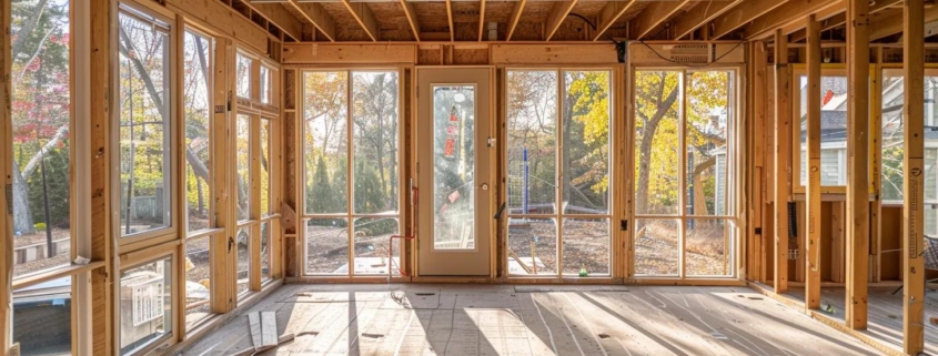 Sunroom under construction with wooden framing, large windows, and a door, showcasing natural light and surrounding outdoor scenery.