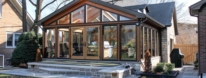 Sunroom with large glass windows and wooden accents, featuring a stone patio and landscaped surroundings, illustrating quality sunroom construction by Petkus Brothers.