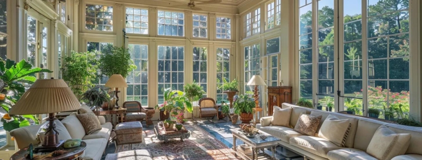 Bright and airy sunroom with large windows, comfortable seating, and lush indoor plants, showcasing a serene space ideal for relaxation and natural light.
